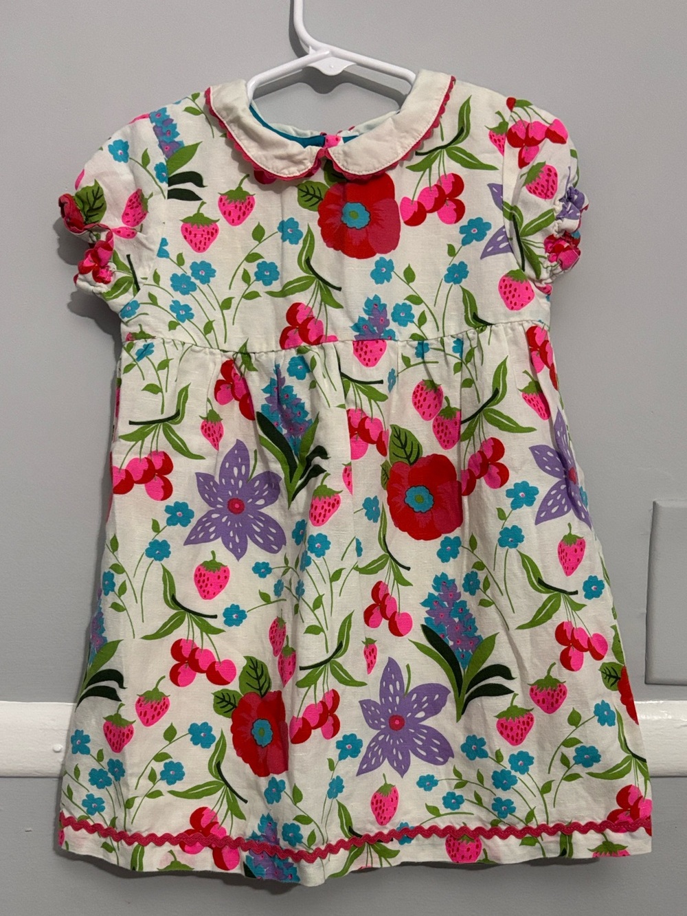 Baby Boden - Girls' Floral Strawberry Print Dress - White with Pink & Red